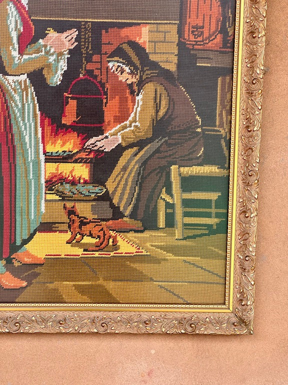 Broderie vintage encadrée – Scène rustique au coin du feu – Ambiance campagne ancienne