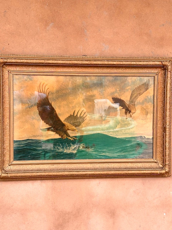 Tableau ancien encadré – Aigles au-dessus de la mer