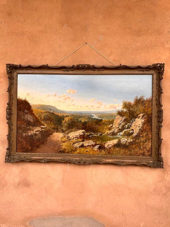 Tableau ancien signé Niemann – Paysage romantique au coucher du soleil – Cadre orné