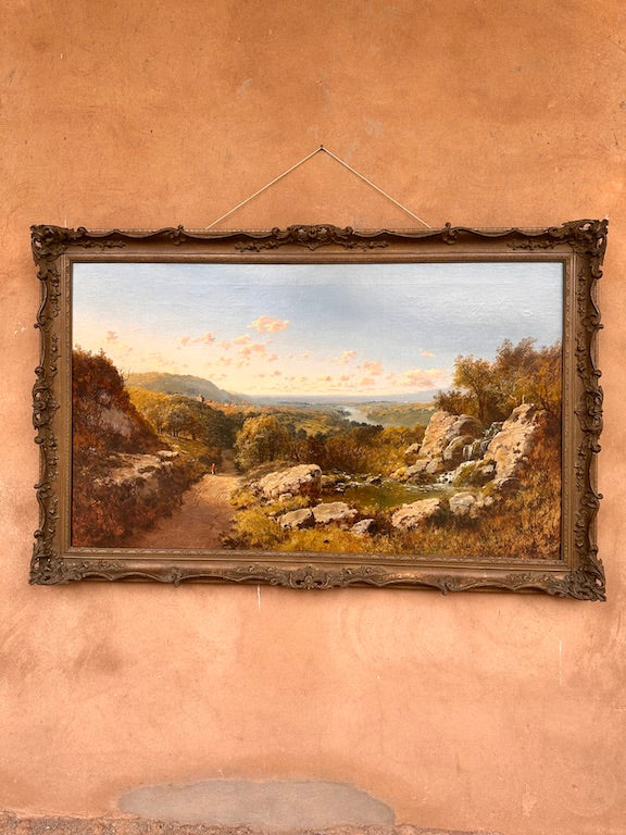 Tableau ancien signé Niemann – Paysage romantique au coucher du soleil – Cadre orné
