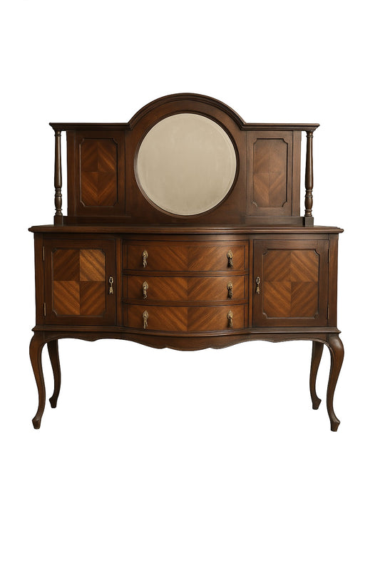 Buffet Coiffeuse Ancienne avec Miroir Rond – Élégance Authentique en Bois Massif