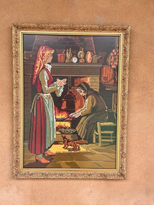 Broderie vintage encadrée – Scène rustique au coin du feu  – Ambiance campagne ancienne
