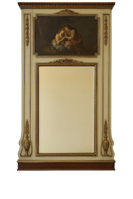 Miroir Trumeau Ancien Peint à la Main – Scène Romantique & Cadre Sculpté, Style Louis XVI
