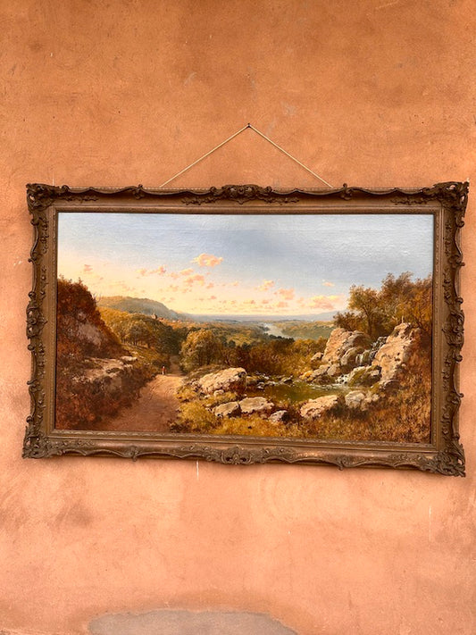 Tableau ancien signé Niemann – Paysage romantique au coucher du soleil – Cadre orné