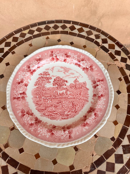 Assiette vintage anglaise rose Adams "English Scenic" – décor pastoral avec bord festonné