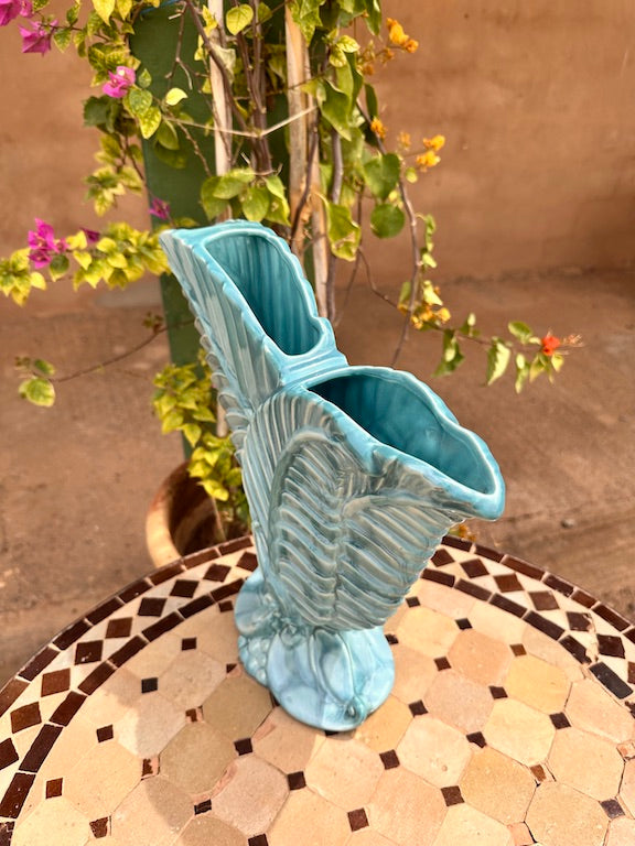 Paire de Vases en Céramique Bleue Vintage – Design Feuilles Tropicales